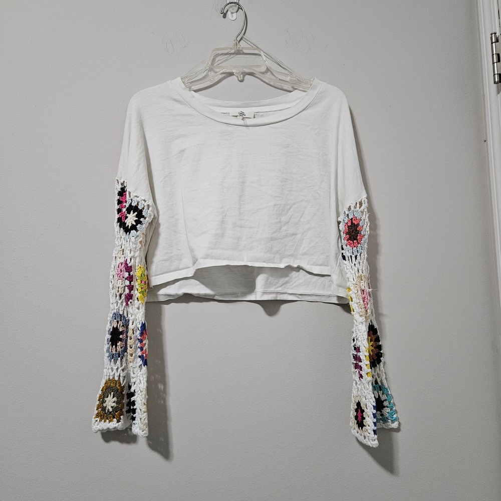 Entro White Crochet Granny Square Sleeve Crop Top T17604 Mens Medium Boho Cotton